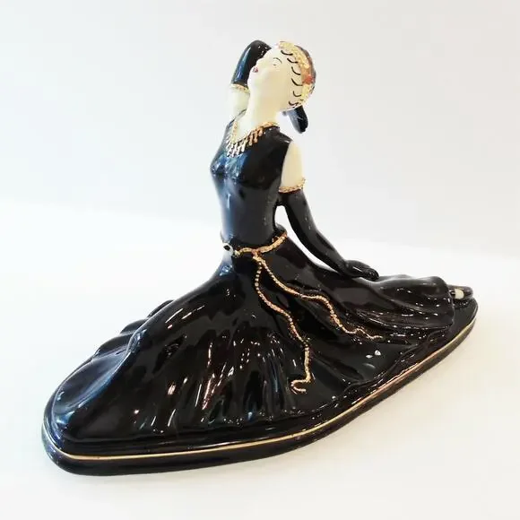 Art Deco LADY DANCER FIGURINE Black Porcelain 24K Gold Accent Split Ballet Pose